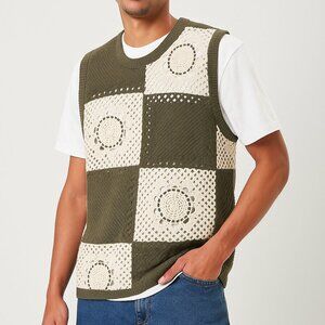 Forever 21 Men’s XXL Sweater Vest Olive Cream‎ Patchwork Crochet Knit Sleeveless